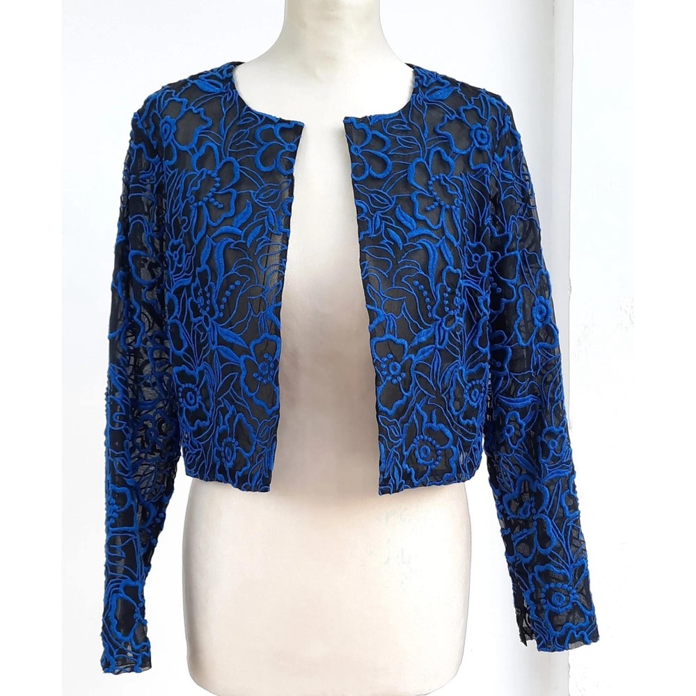 Sachin & Babi Noir silk embroidered sheer cropped evening jacket blue floral NWT
